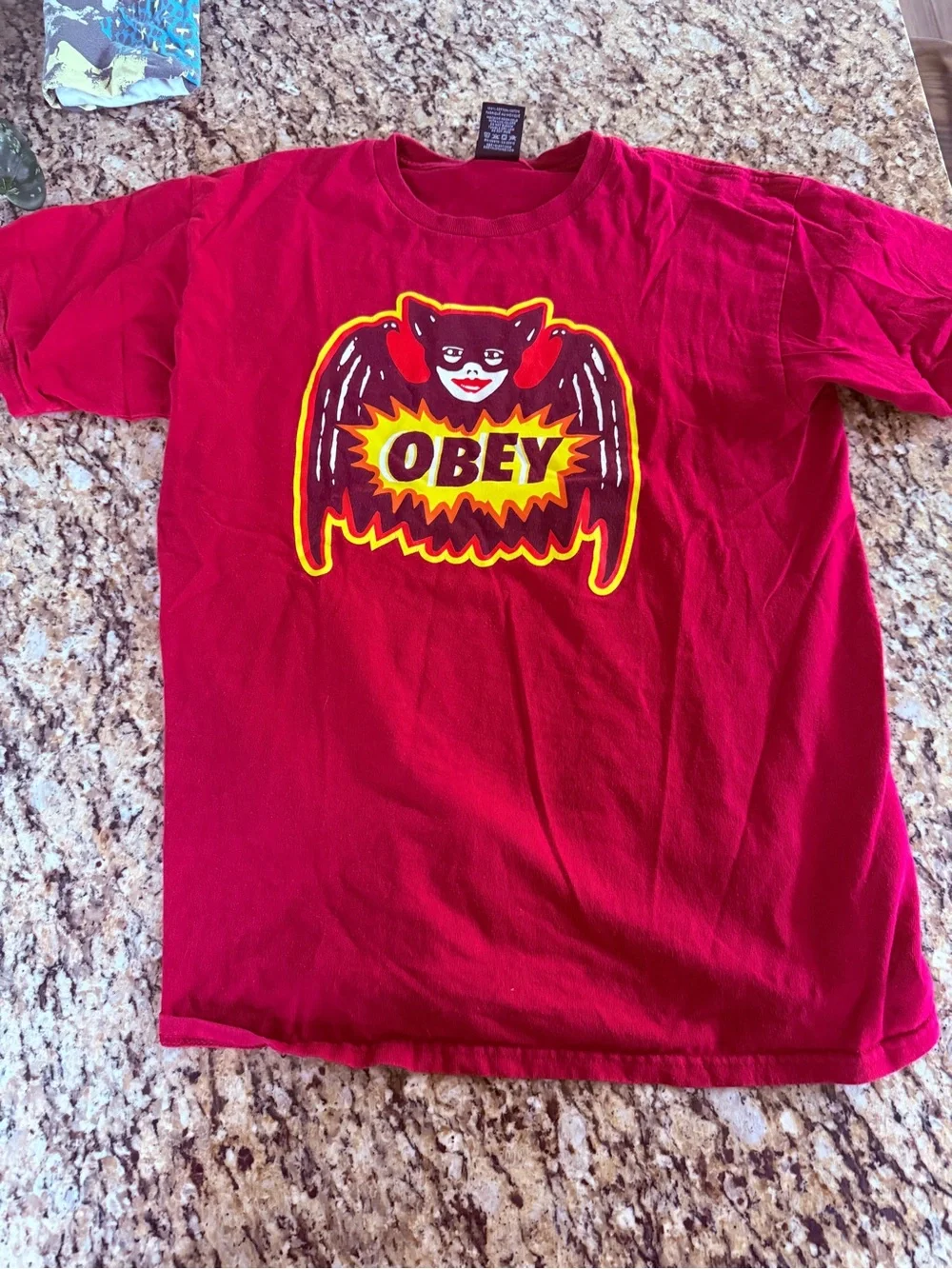 Lot of 2 Obey shirts- graphic skull embrace- Size M and Bat Girl Red Size M - Picture 4 of 5